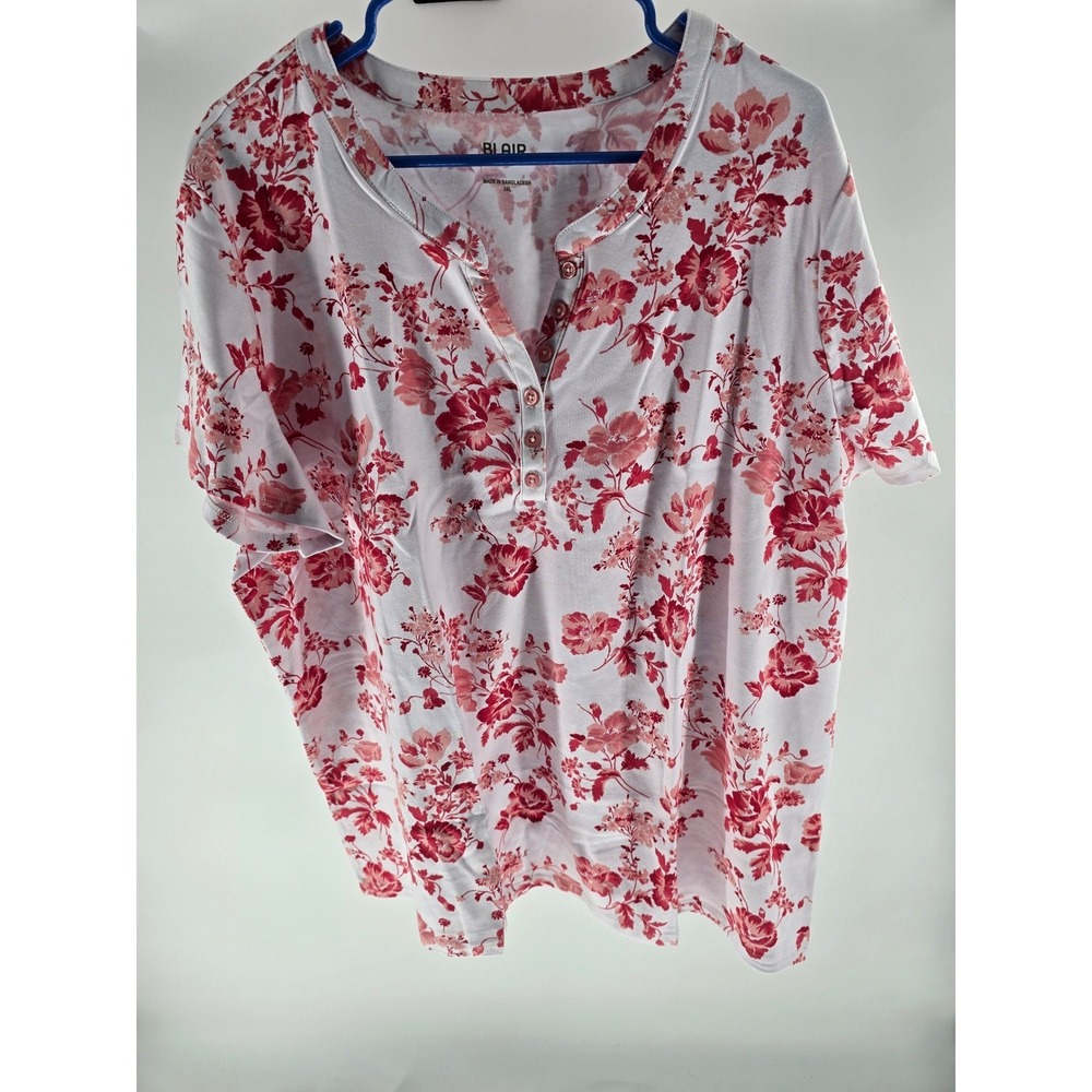Blair Womens 3XL Floral Henley Top Short Sleeve Red‎ White Button Front B34496
